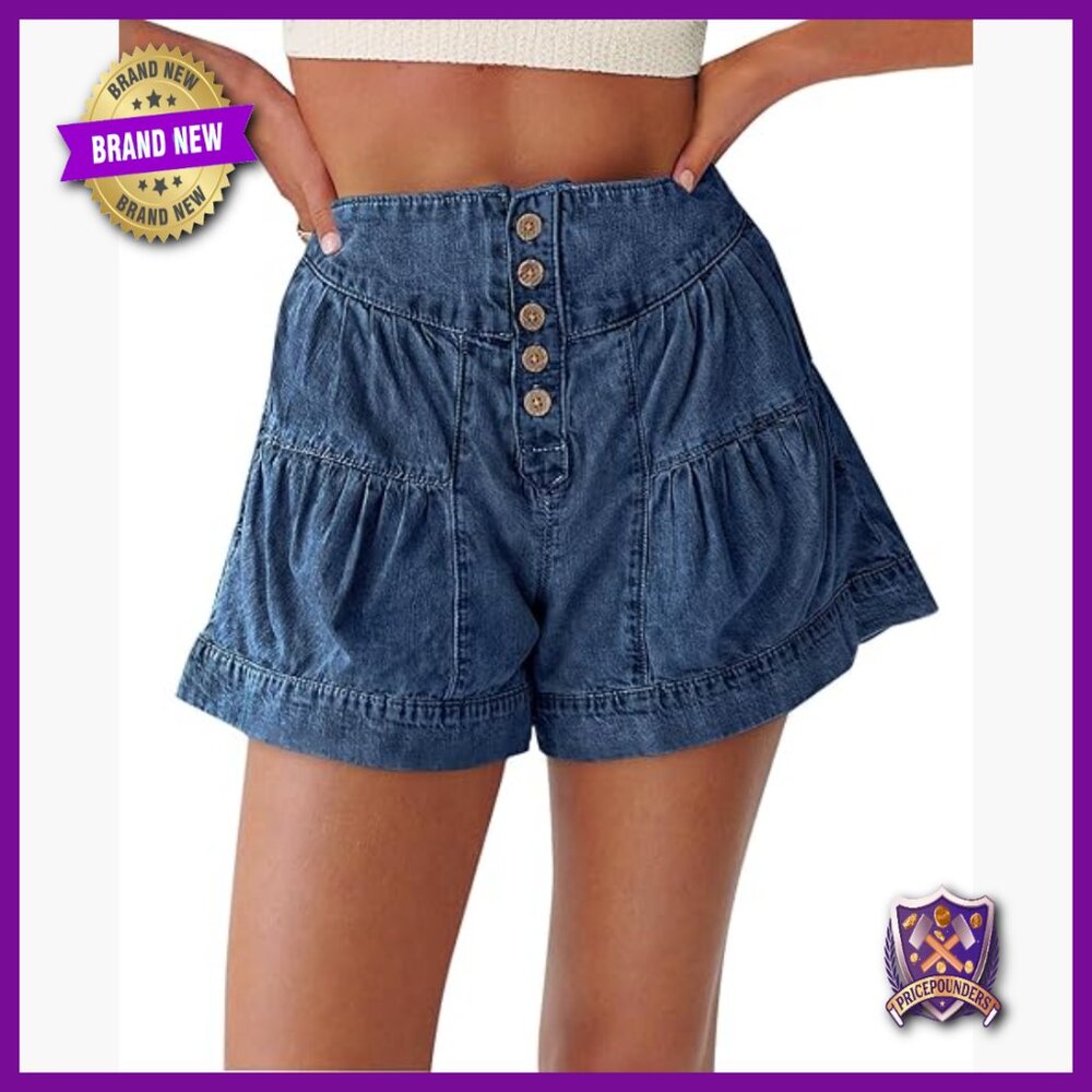 High Waisted Denim Skort Wide Leg Button Up Flowy Summer Shorts Pockets